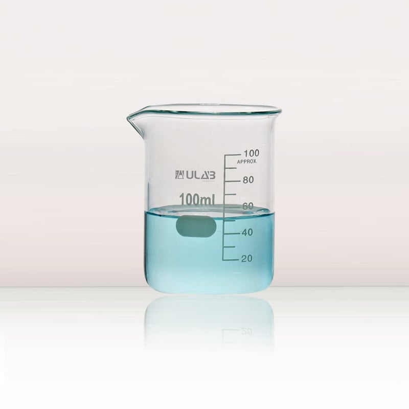 ULAB Scientific Glass Beaker Set, Vol.100ml, Shot Glass, 3.3 Borosilicate Griffin Low Form with Printed Graduation, Pack of 6, UBG1014 - Image 3